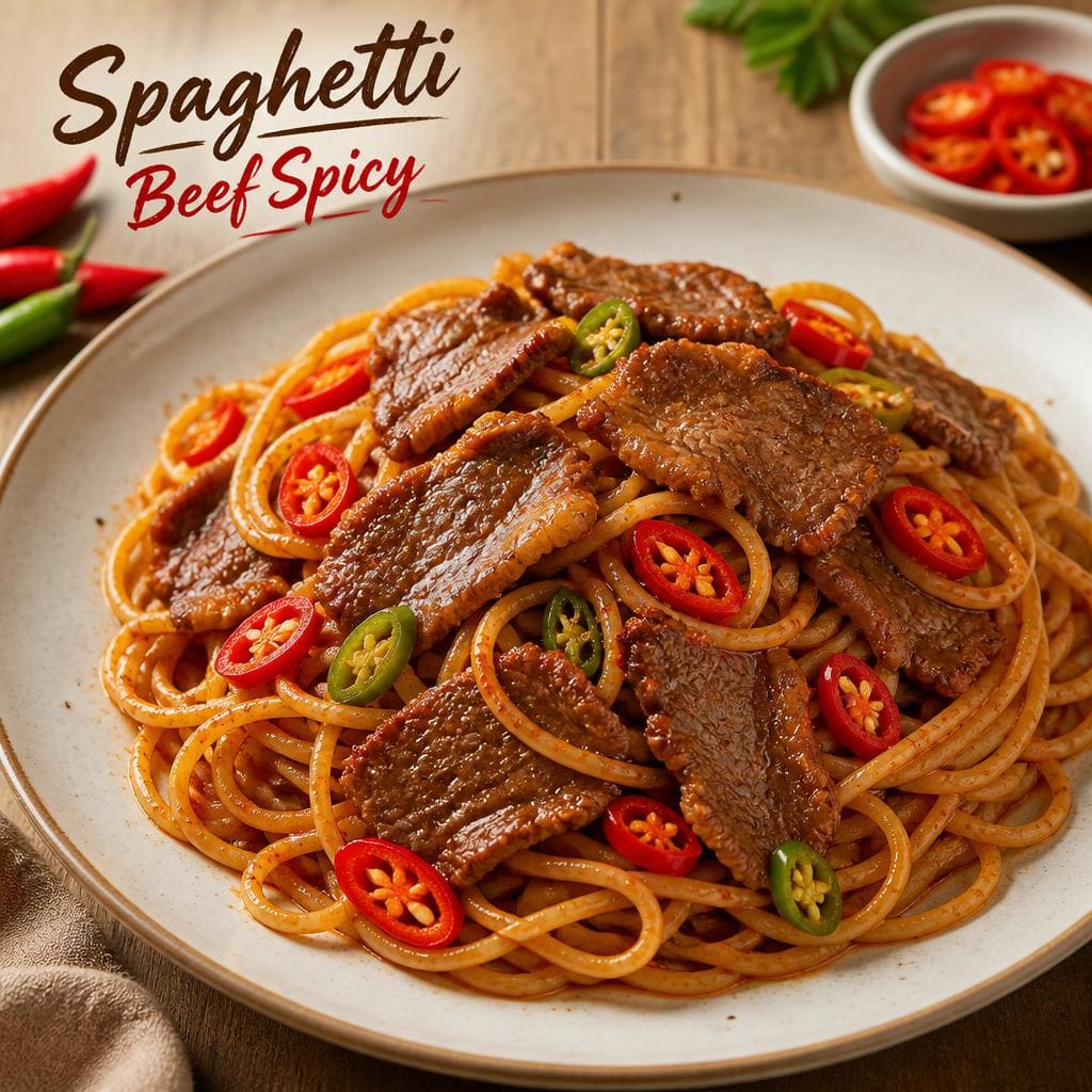 Spaghetti Beef Spicy dengan beef slice dan irisan cabe rawit